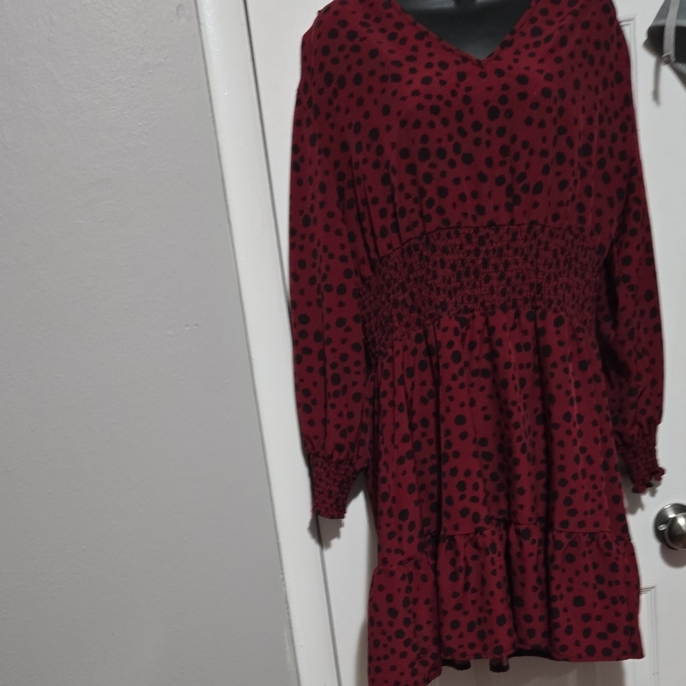 SHEIN Burgundy Polka Dot Long Sleeve Dress